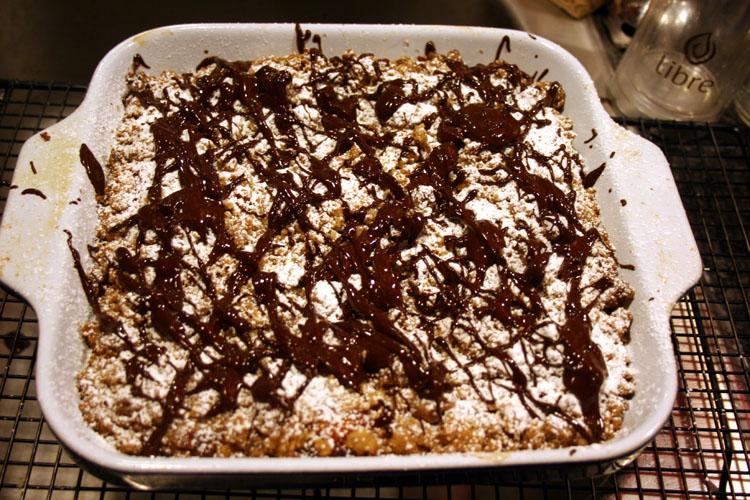 Crumb Cake Recipe with Apricot Filling and Chocolate Drizzle