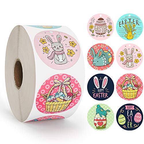 1000pcs Easter Stickers, Happy Easter Egg Bunny Roll Sticker, Round Waterproof Holiday Sticker for Kids, Easter Decorations Wall Window Party Bag Supplies Gift