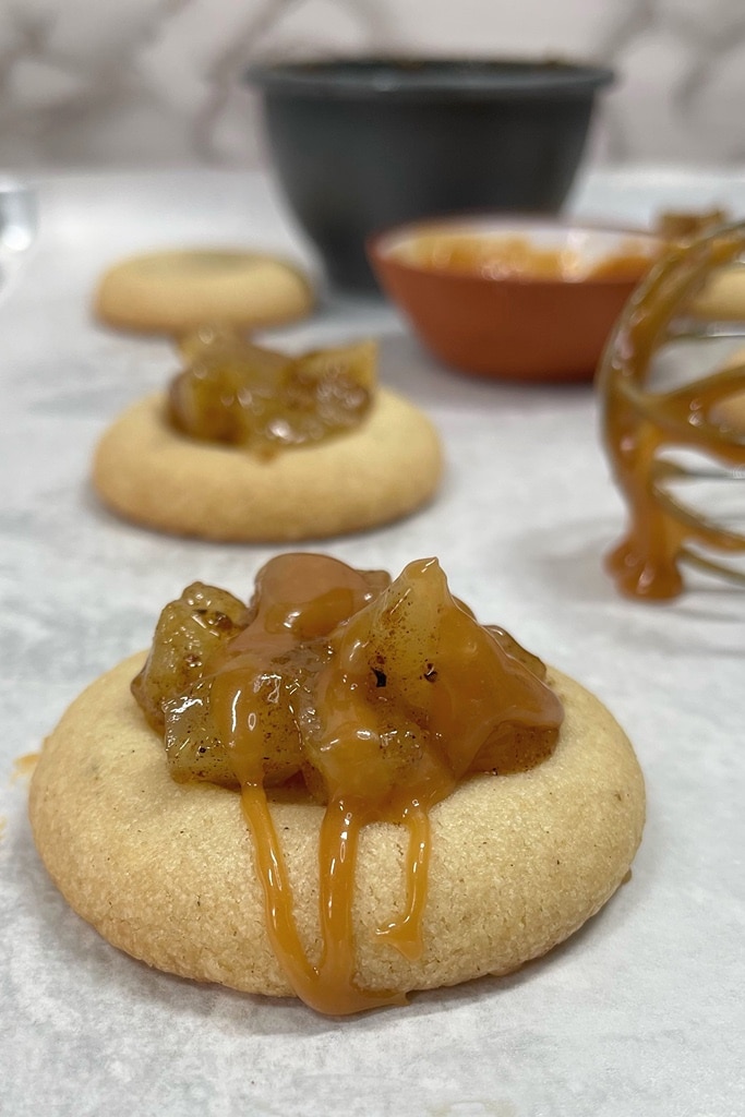 Apple pie cookies recipe with cake box batter mix and caramel in Process