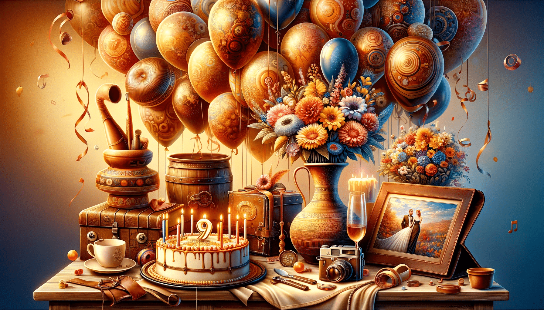 A celebratory and vibrant image ideal for a 9th wedding anniversary article, featuring traditional and modern themes. The image should capture the ess