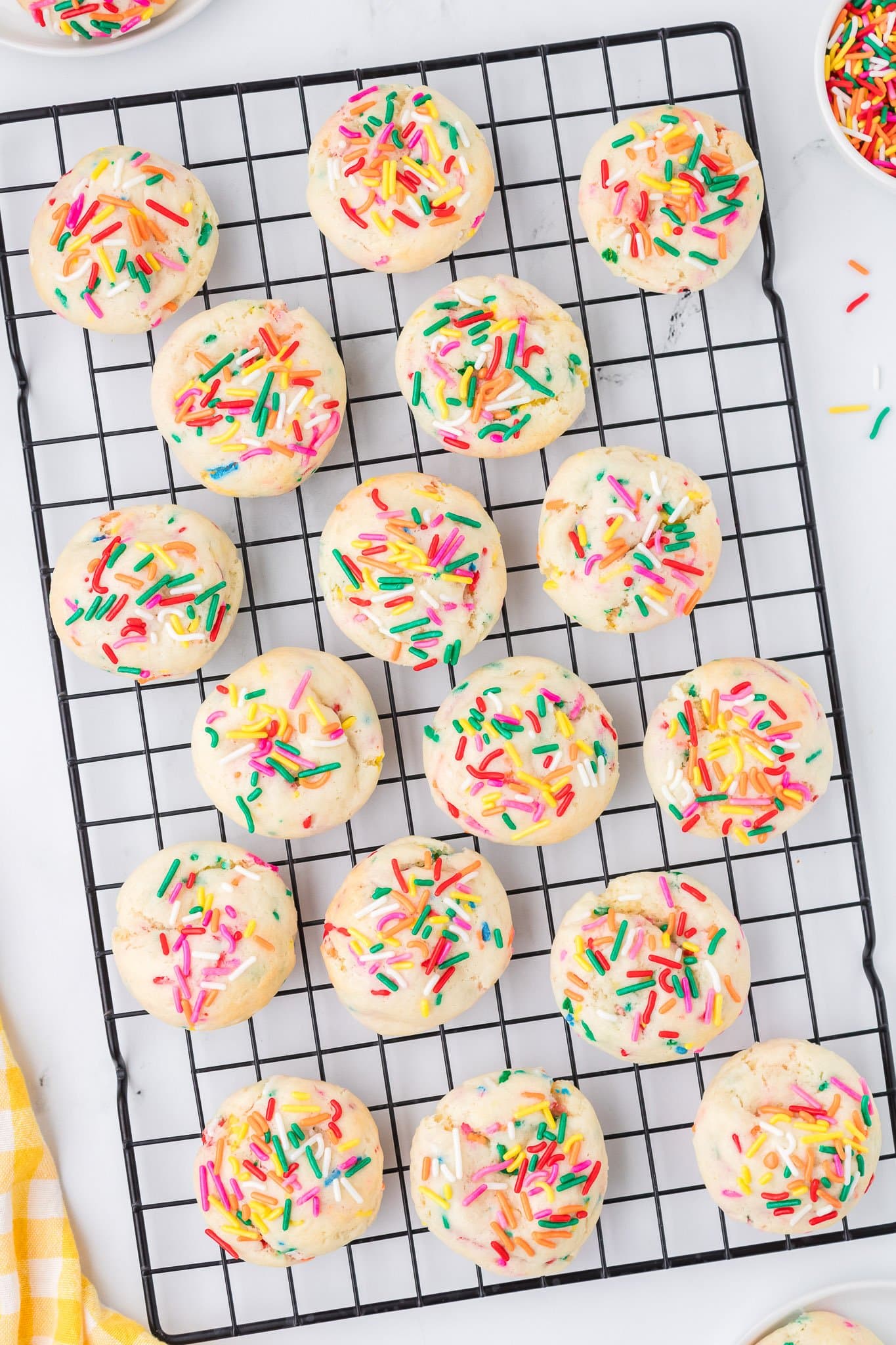 Funfetti cake mix cookies on a cooling rack