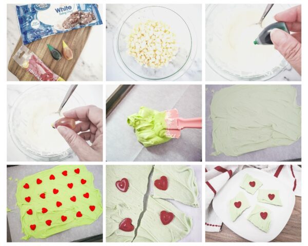 Grinch chocolate bark process photos