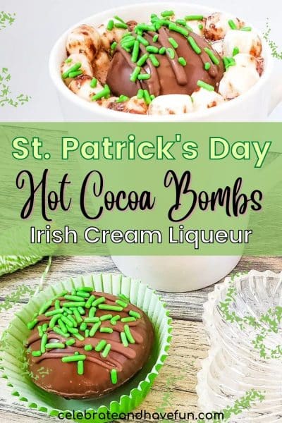 a mug with a st patricks day hot cocoa bomb in it and another hot cocoa bomb on the table next to it with marshmallows