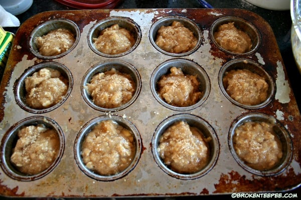 add apple oatmeal muffin batter to muffin tins
