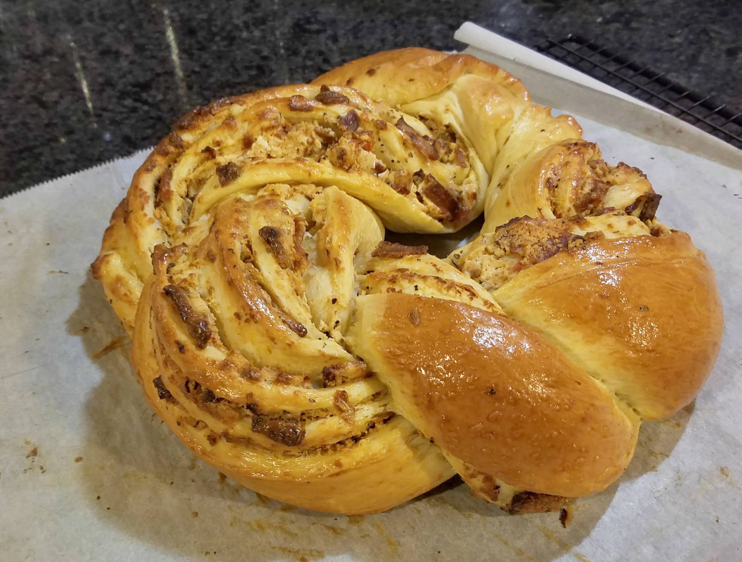 game day treat, savory couronne, goat cheese bacon and sundried tomato couronne, party food