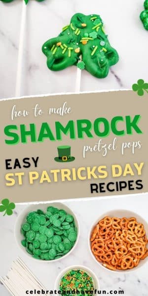 bowls of pretzels, melting candies, sprinkles and a finished shamrock pretzel pop for st patricks day