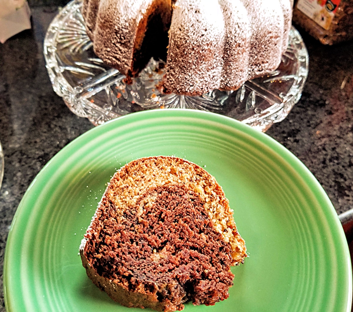 layered banana bundt cake slice